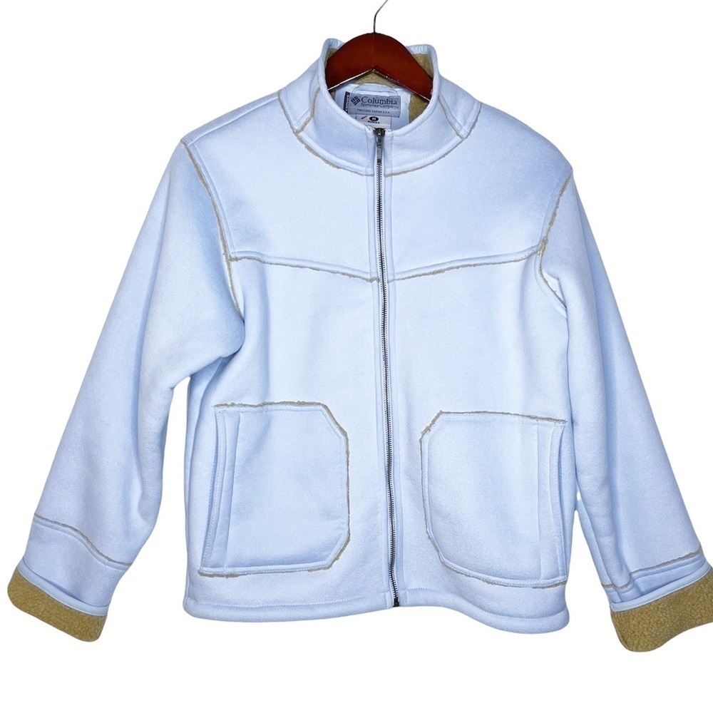 Columbia Sherpa Lined Faux Suede Zip Front Jacket Size Medium in Powder Blue